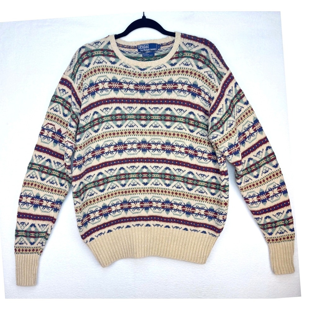 Vintage 90s Polo Ralph Lauren Fair Isle Sweater Silk Blend Nordic Aztec Mens L
